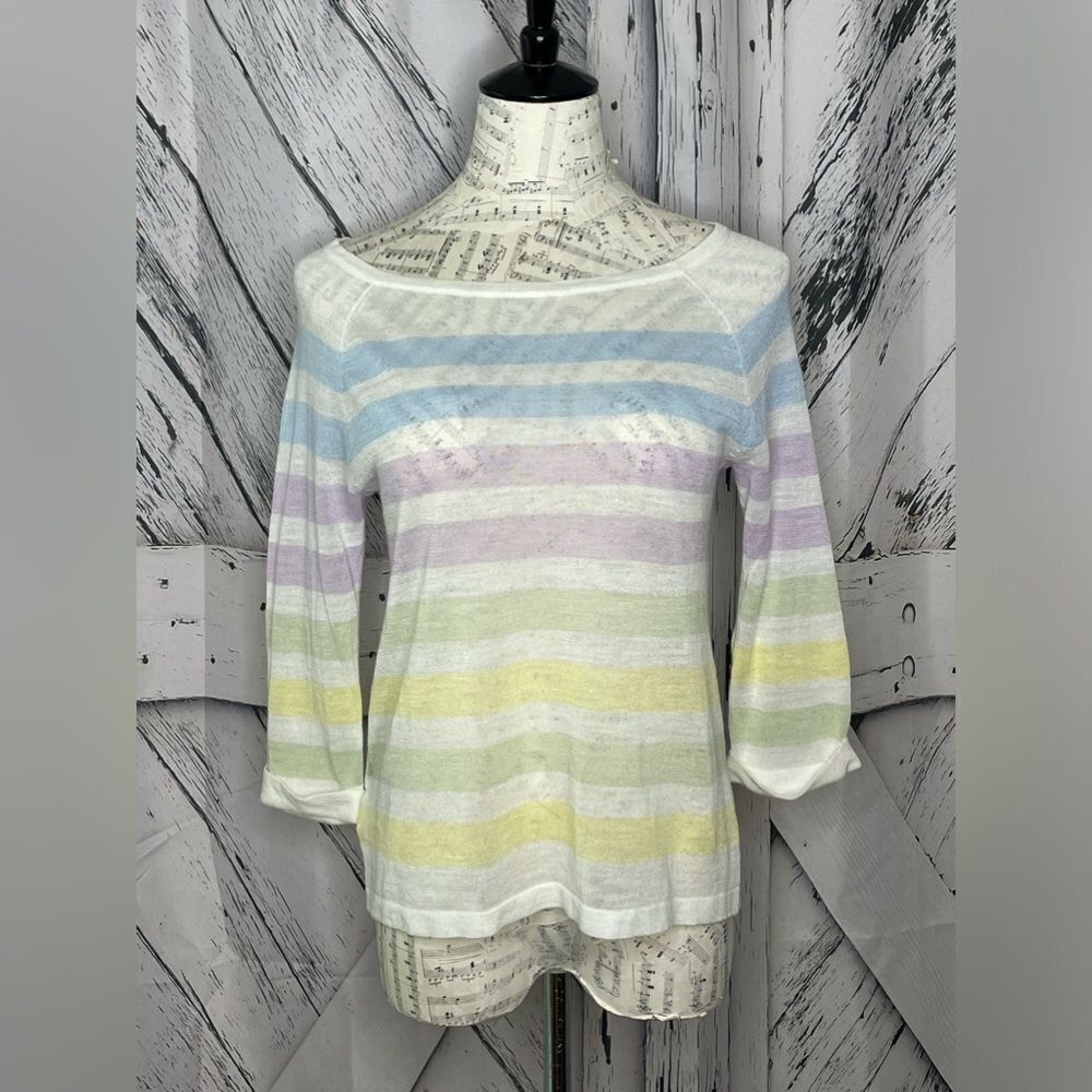 LOFT ANN TAYLOR Pastel Striped Multicolor 3/4 Sleeve Pullover Sweater XS